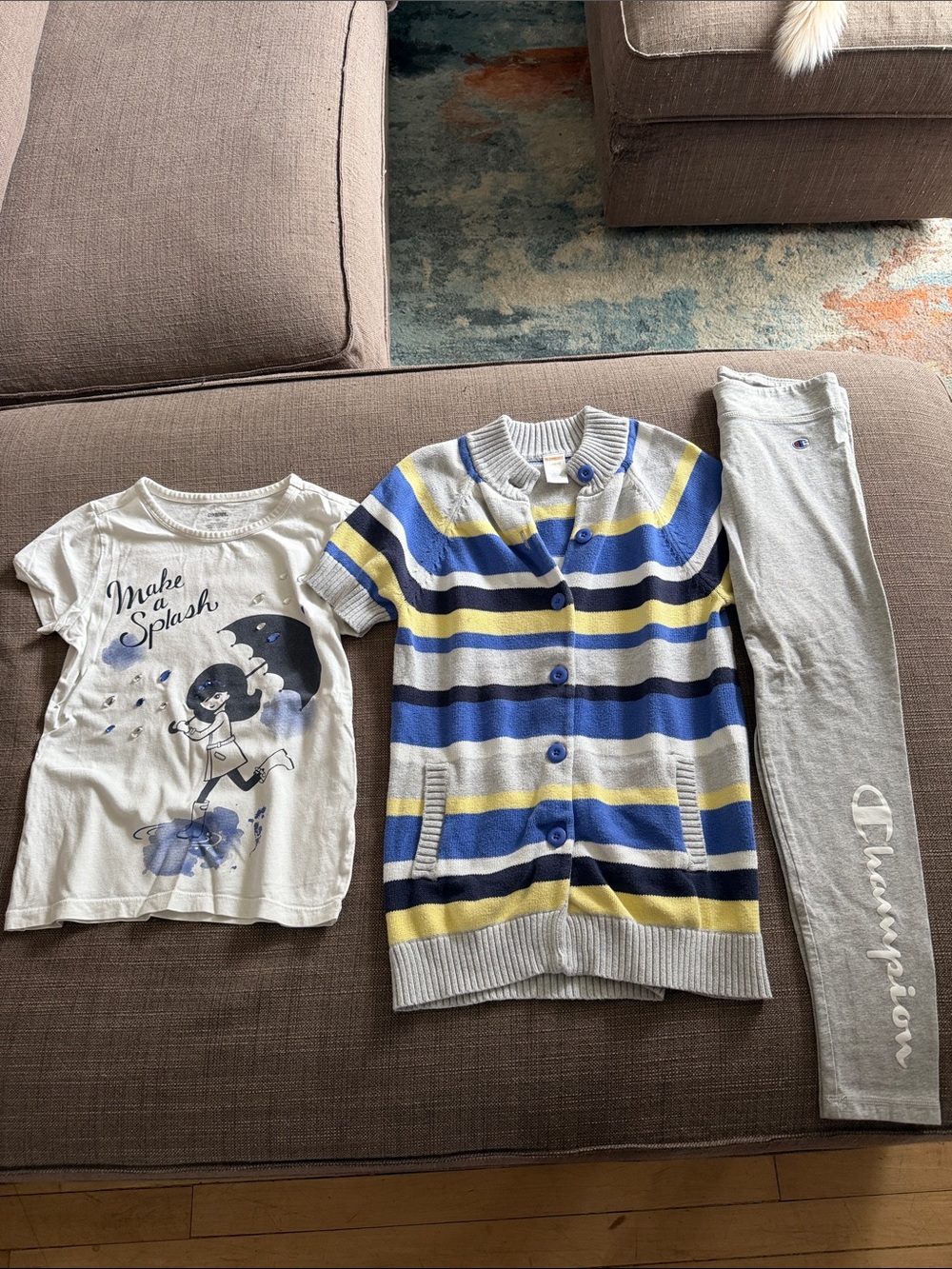 Gymboree and Champion Girls' White Graphic Tee & Blue Stripe Cardigan Set